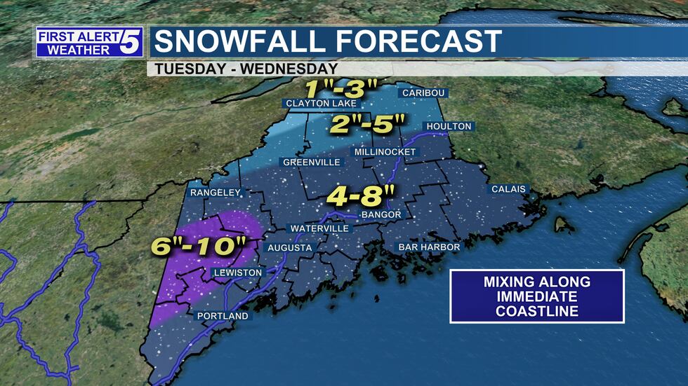 Snow will develop Tuesday and continue into Wednesday. Snowfall totals by late Wednesday...