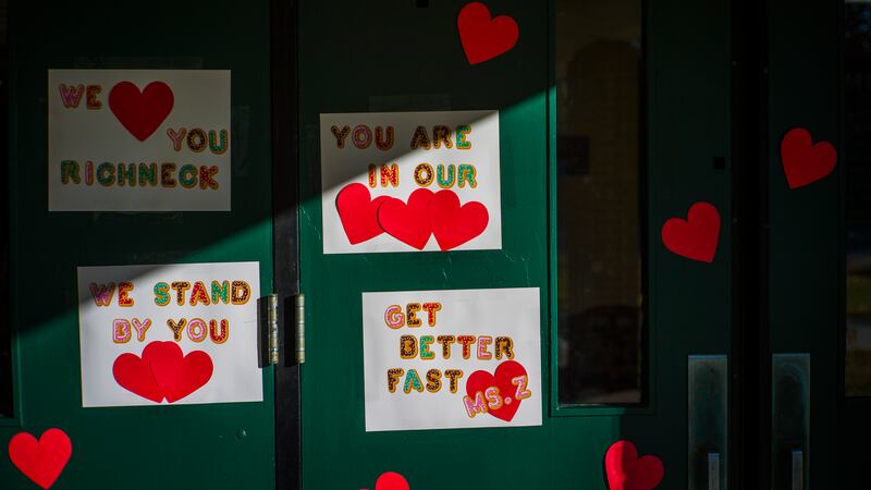 FILE - Messages of support for teacher Abby Zwerner, who was shot by a 6-year-old student,...