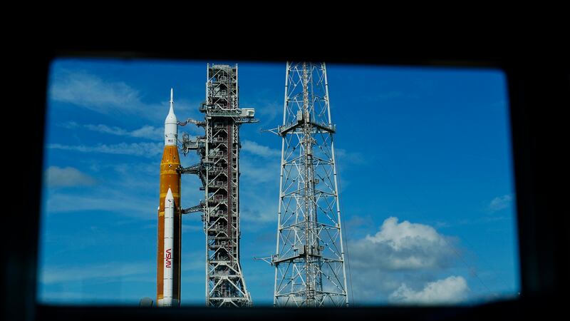 The NASA moon rocket stands on Pad 39B before the Artemis 1 mission to orbit the moon at the...
